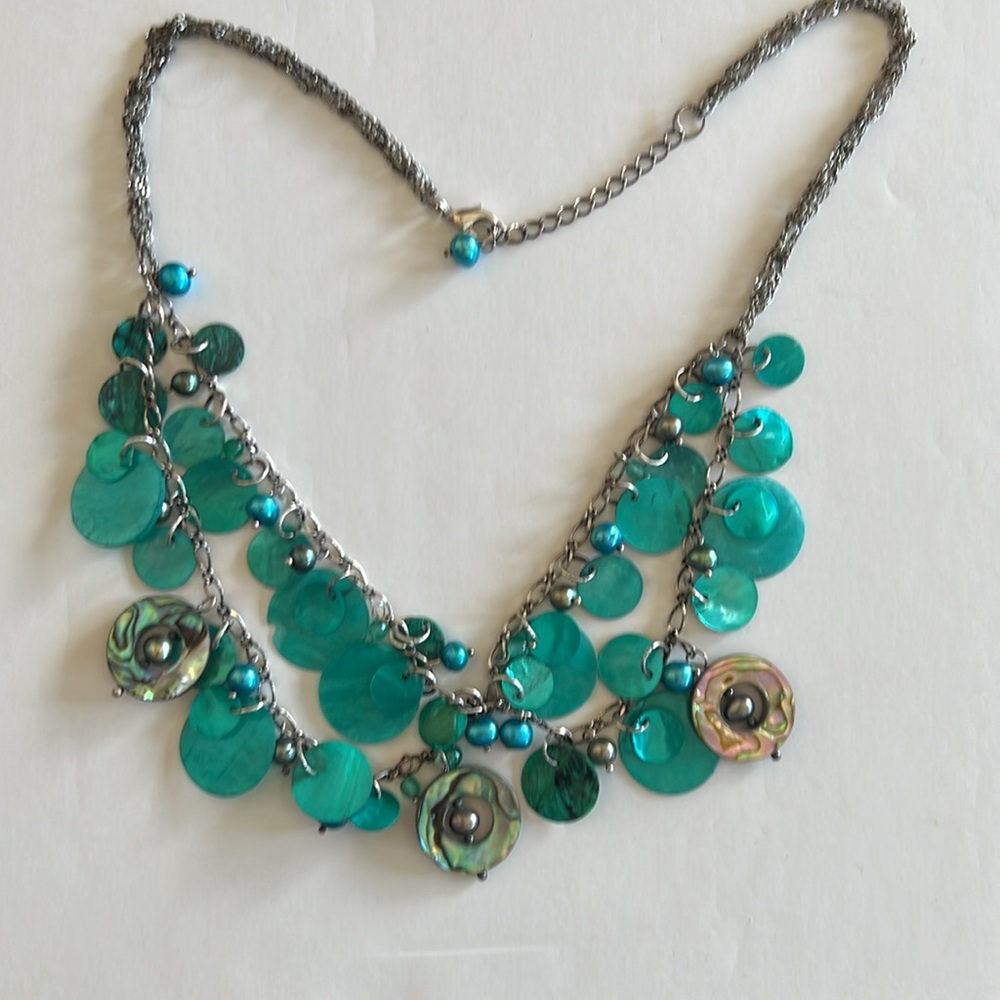 Necklace and Pierced Earrings with Teal Colored Bangles.  22 Inches Long.